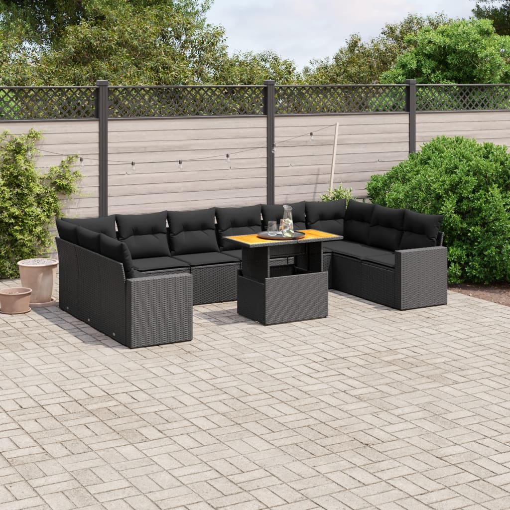 vidaXL 11-tlg. Garten-Sofagarnitur mit Kissen Schwarz Poly Rattan