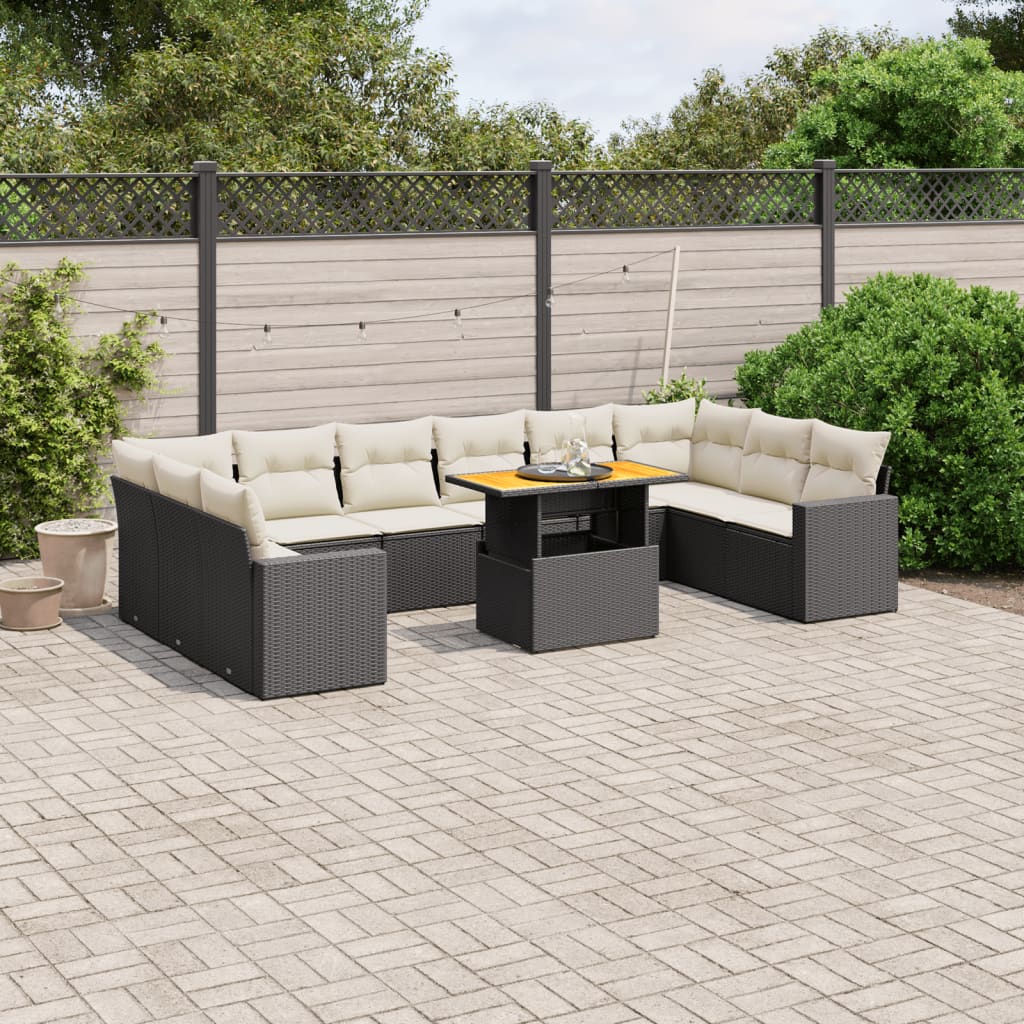 vidaXL 11-tlg. Garten-Sofagarnitur mit Kissen Schwarz Poly Rattan