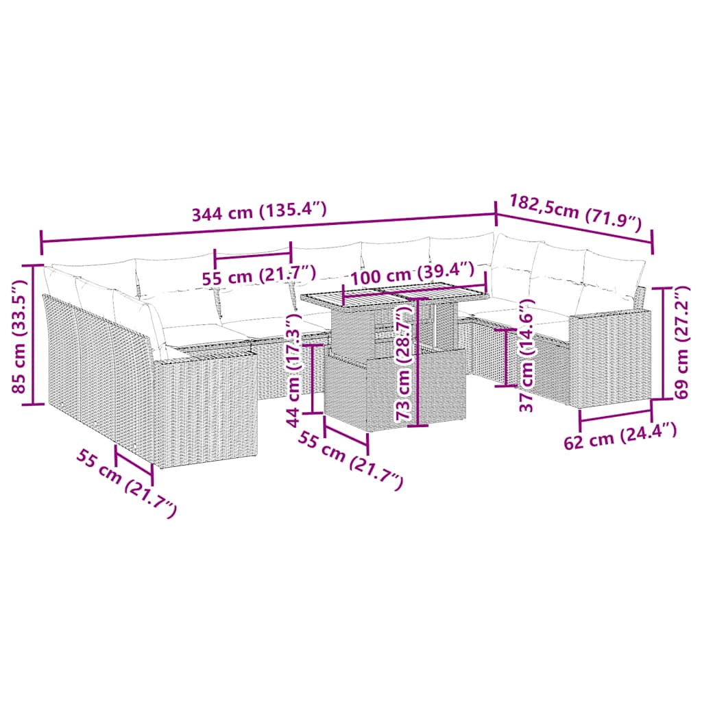 vidaXL 11-delige Tuinset met kussens poly rattan beige afbeelding