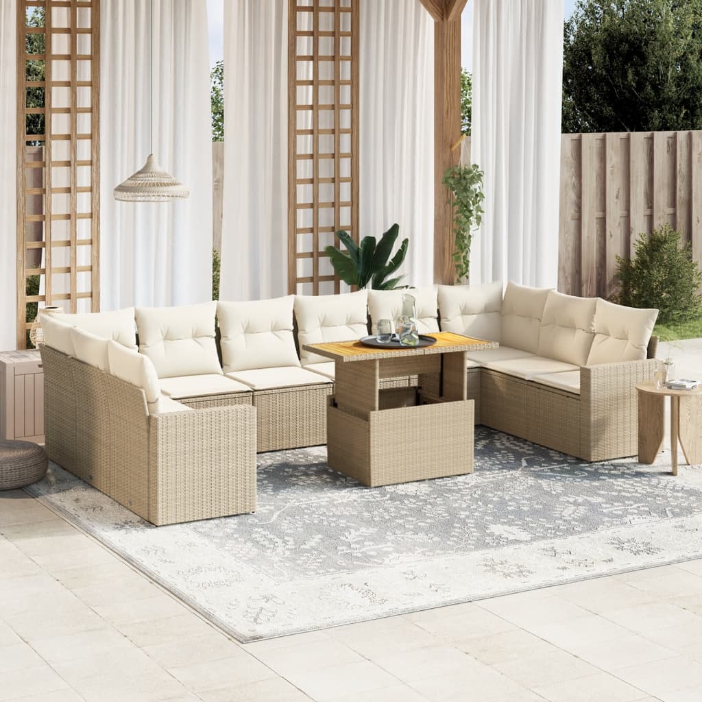 vidaXL 11-tlg. Garten-Sofagarnitur mit Kissen Beige Poly Rattan