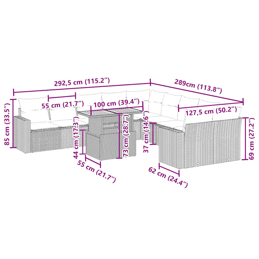 vidaXL 11-delige Tuinset met kussens poly rattan beige afbeelding