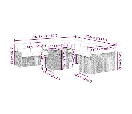 vidaXL 11 pcs conjunto sof&aacute;s de jardim c/ almofad&otilde;es vime PE bege