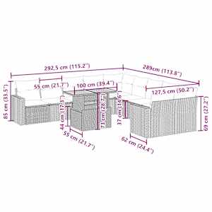 vidaXL 11 pcs conjunto sof&aacute;s de jardim c/ almofad&otilde;es vime PE bege