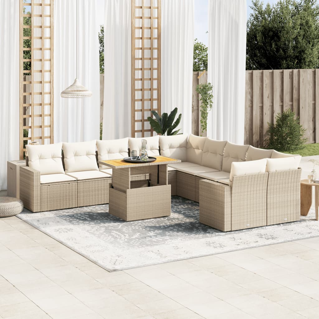 vidaXL 11-tlg. Garten-Sofagarnitur mit Kissen Beige Poly Rattan