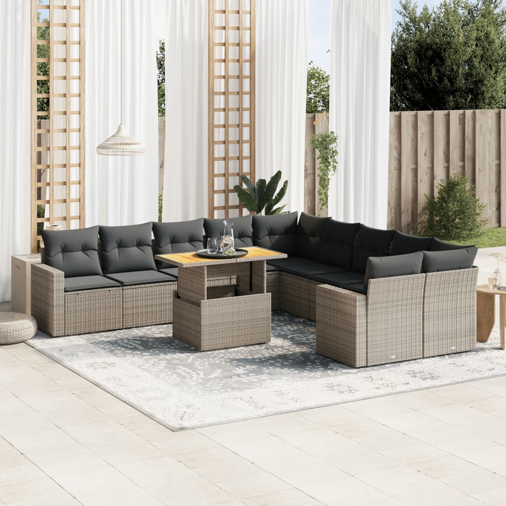 vidaXL 11-tlg. Garten-Sofagarnitur mit Kissen Grau Poly Rattan