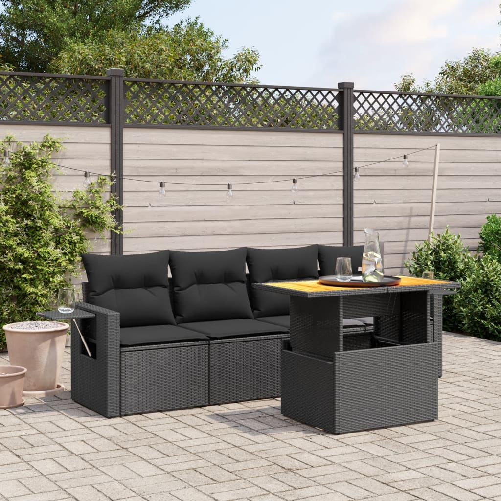 vidaXL 5-tlg. Garten-Sofagarnitur mit Kissen Schwarz Poly Rattan