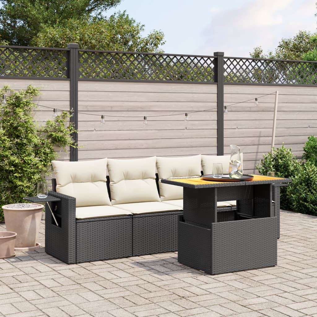 vidaXL 5-tlg. Garten-Sofagarnitur mit Kissen Schwarz Poly Rattan