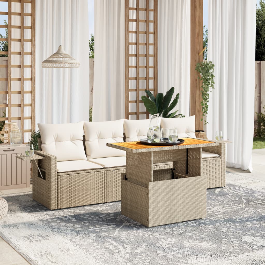 5-tlg. Garten-Sofagarnitur mit Kissen Beige Poly Rattan