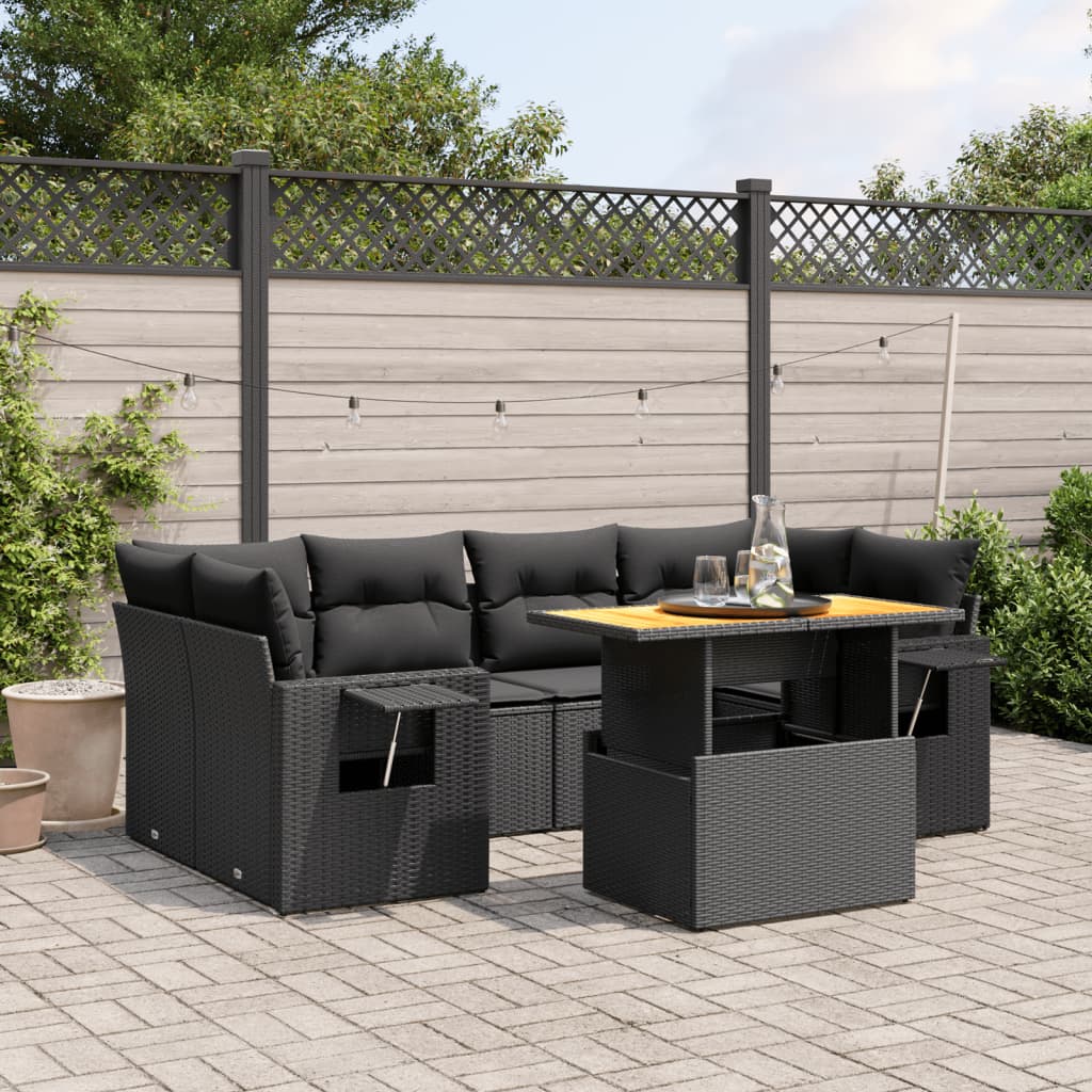 7-tlg. Garten-Sofagarnitur mit Kissen Schwarz Poly Rattan