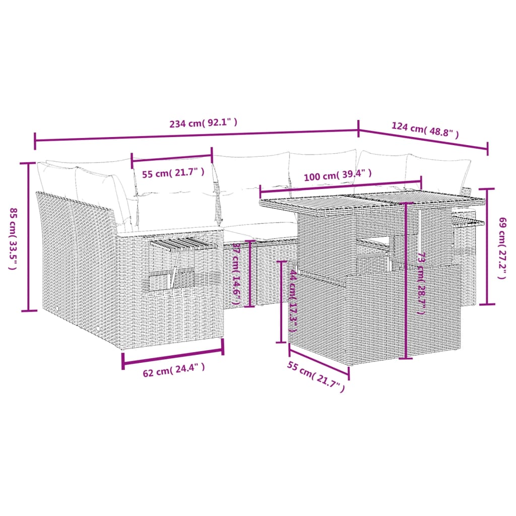 vidaXL 7-delige Loungeset met kussens poly rattan zwart afbeelding