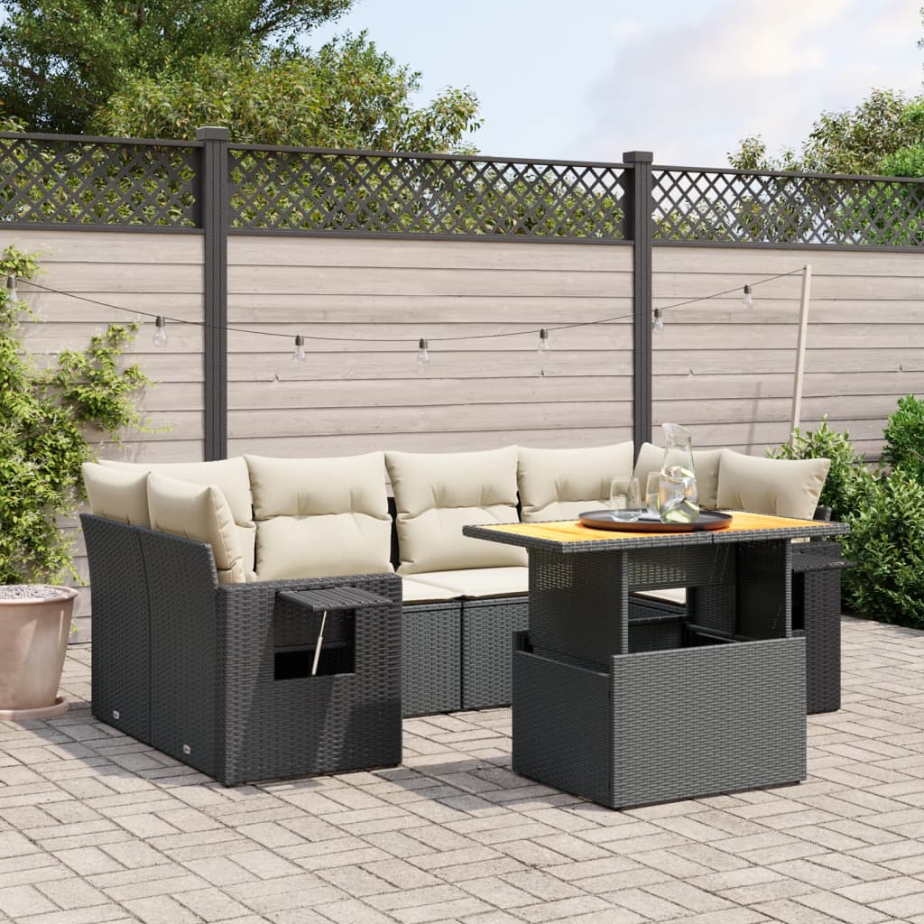 7-tlg. Garten-Sofagarnitur mit Kissen Schwarz Poly Rattan