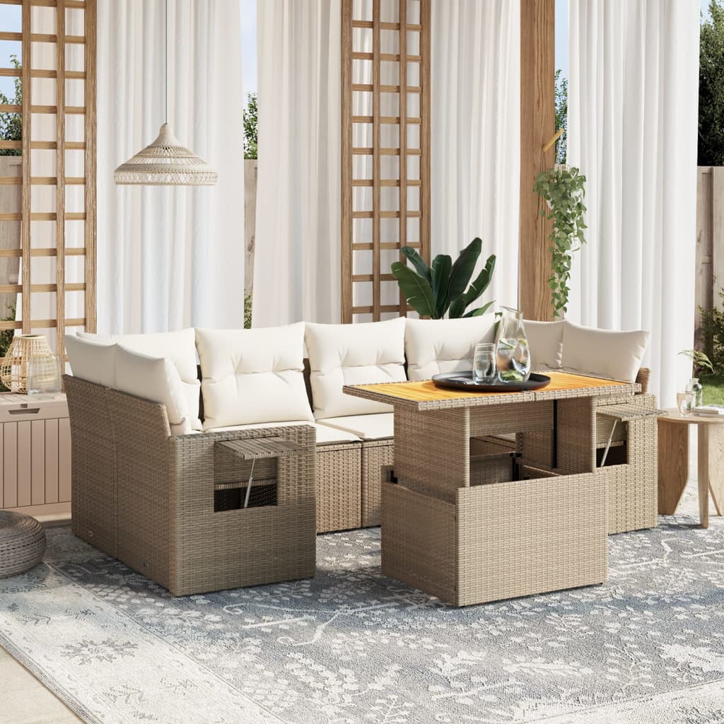 vidaXL 7-tlg. Garten-Sofagarnitur mit Kissen Beige Poly Rattan