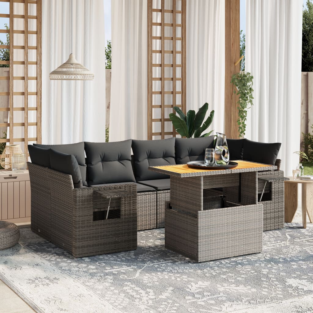 vidaXL 7-tlg. Garten-Sofagarnitur mit Kissen Grau Poly Rattan