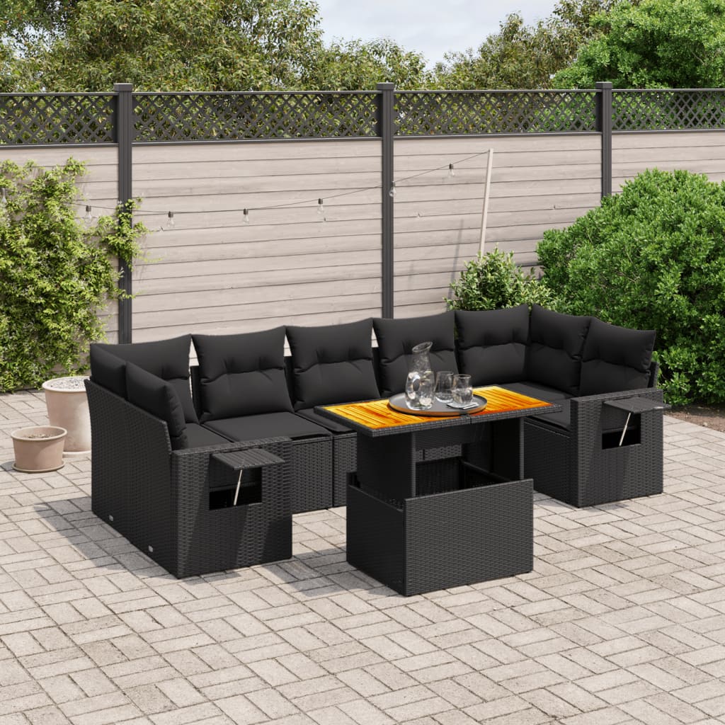 8-tlg. Garten-Sofagarnitur mit Kissen Schwarz Poly Rattan