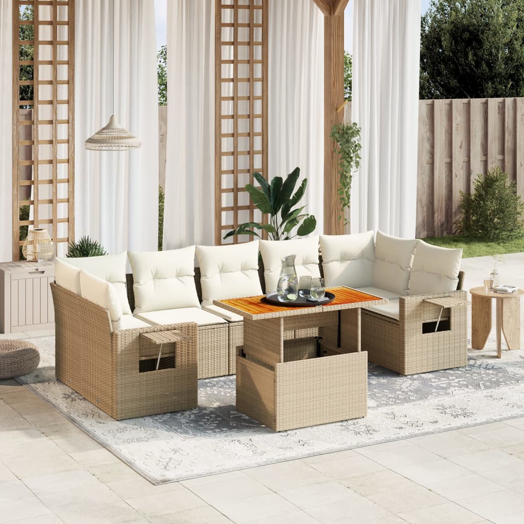 vidaXL 8-tlg. Garten-Sofagarnitur mit Kissen Beige Poly Rattan