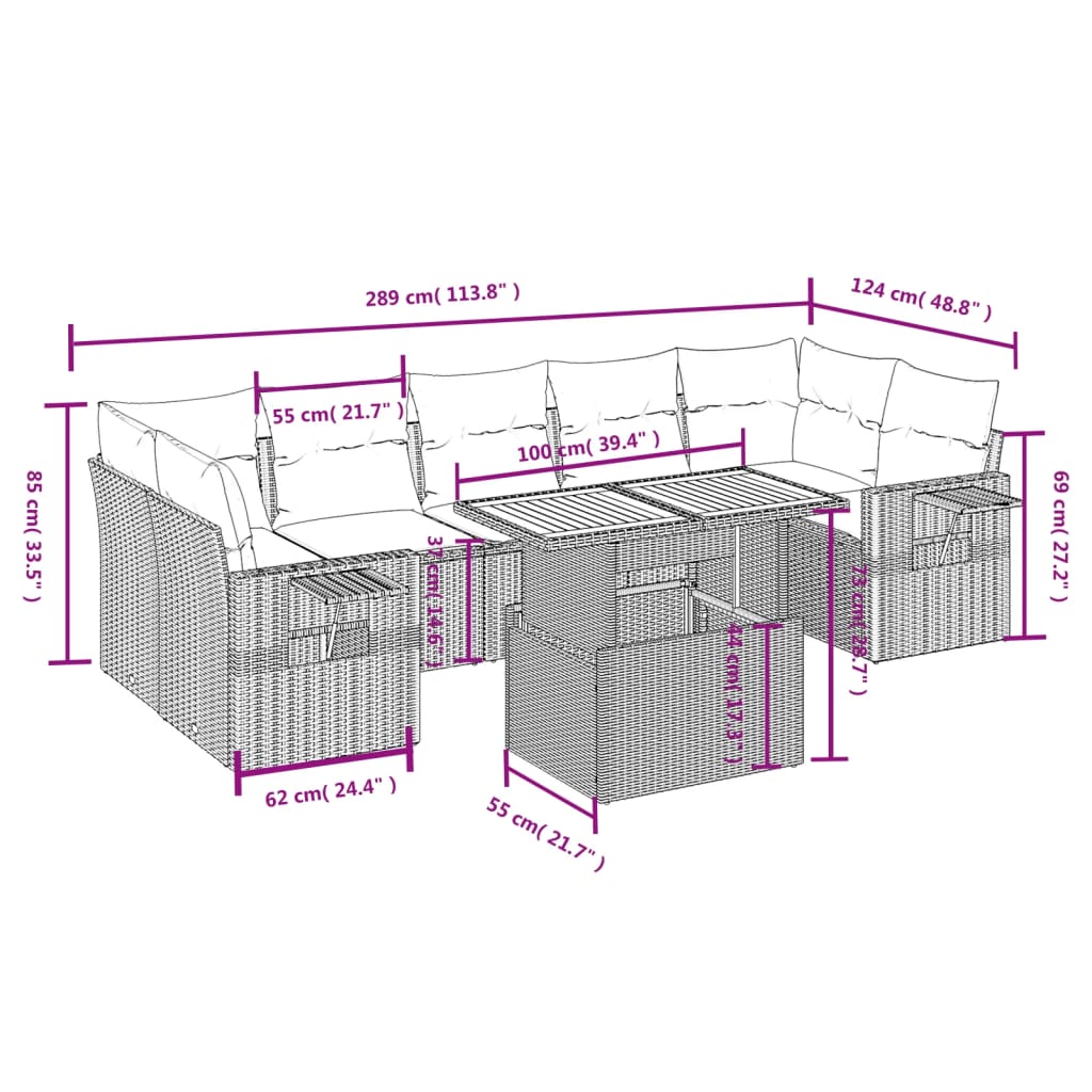 vidaXL 8-delige Loungeset met kussens poly rattan beige afbeelding