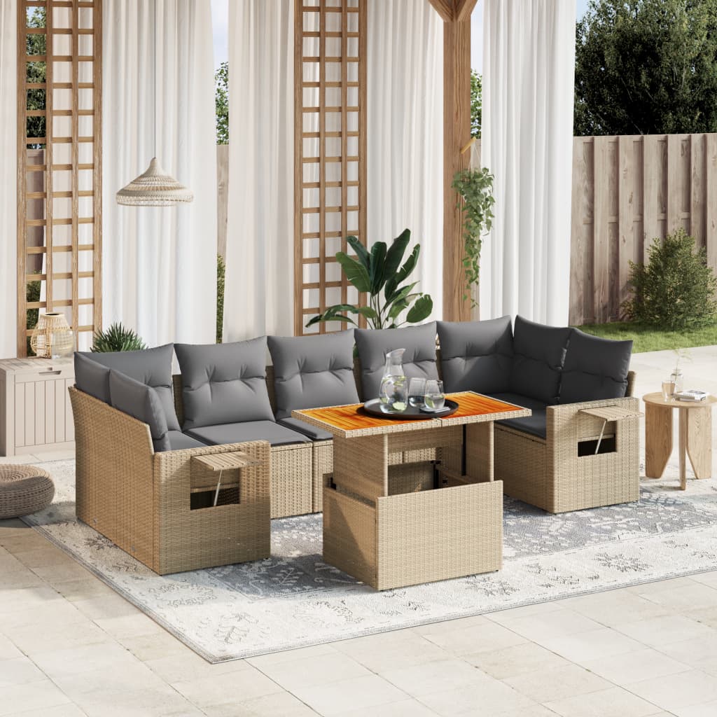 vidaXL 8-tlg. Garten-Sofagarnitur mit Kissen Beige Poly Rattan