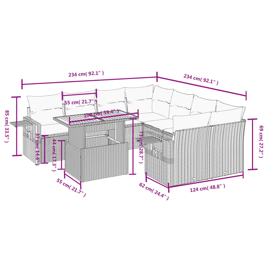 Set mobilier de grădină cu perne, 9 piese, negru, poliratan 3271678 - imagine 3