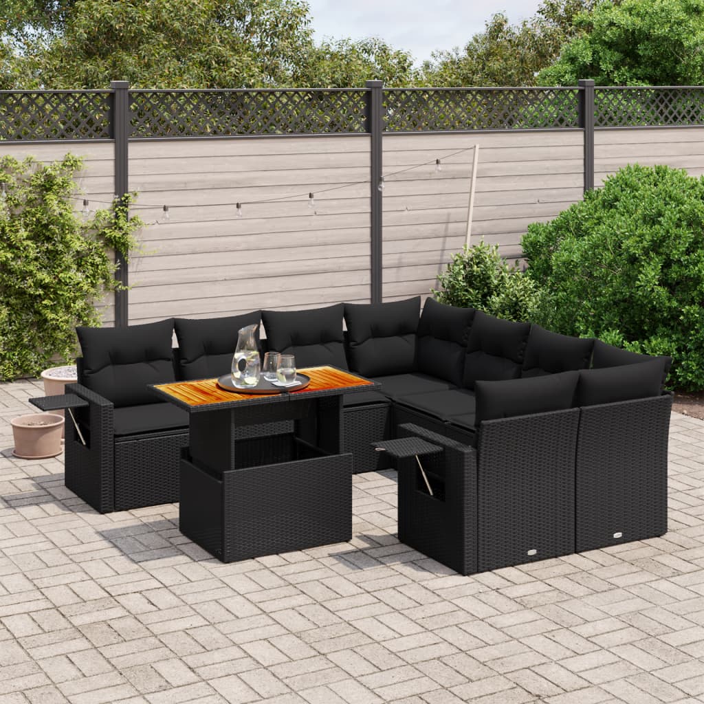 vidaXL 9-tlg. Garten-Sofagarnitur mit Kissen Schwarz Poly Rattan