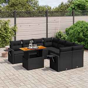 Vrtna sedežna garnitura 9-delna z blazinami črn poli ratan