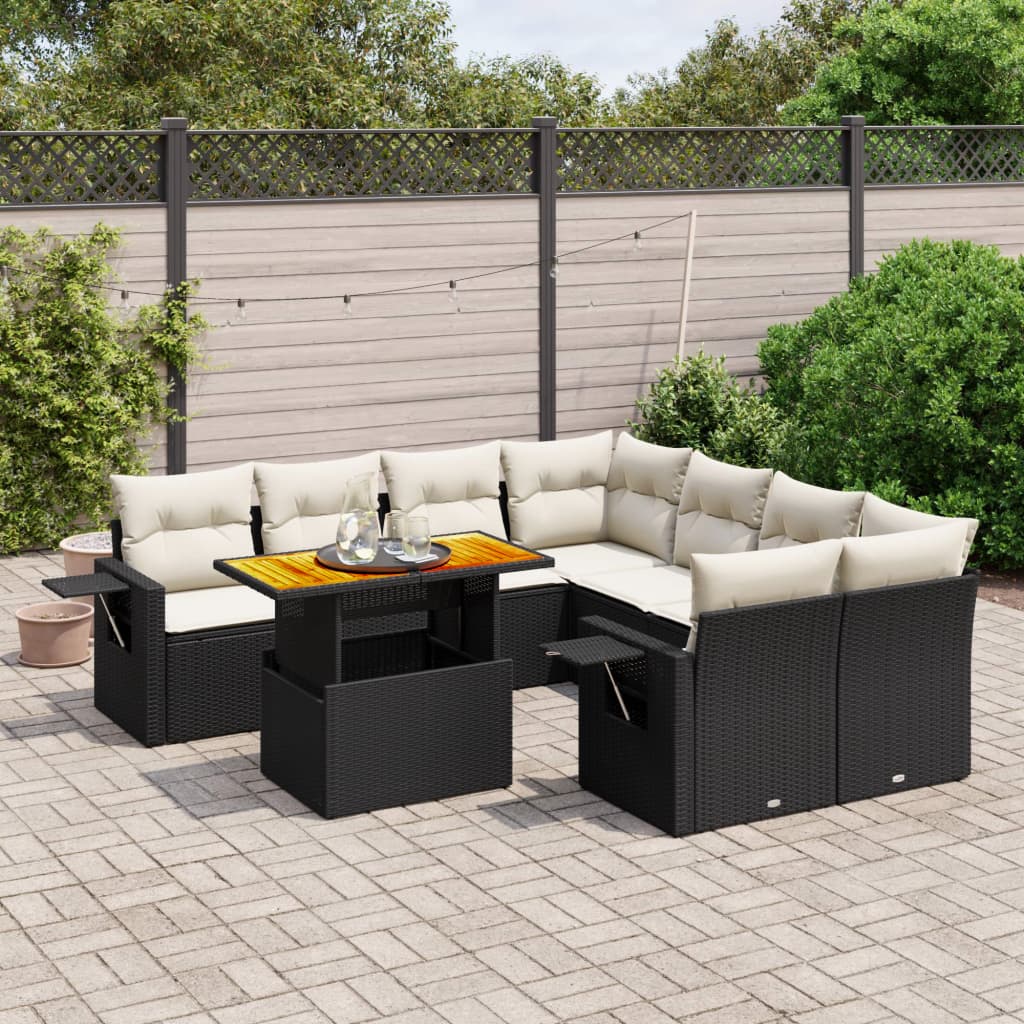 vidaXL 9-tlg. Garten-Sofagarnitur mit Kissen Schwarz Poly Rattan