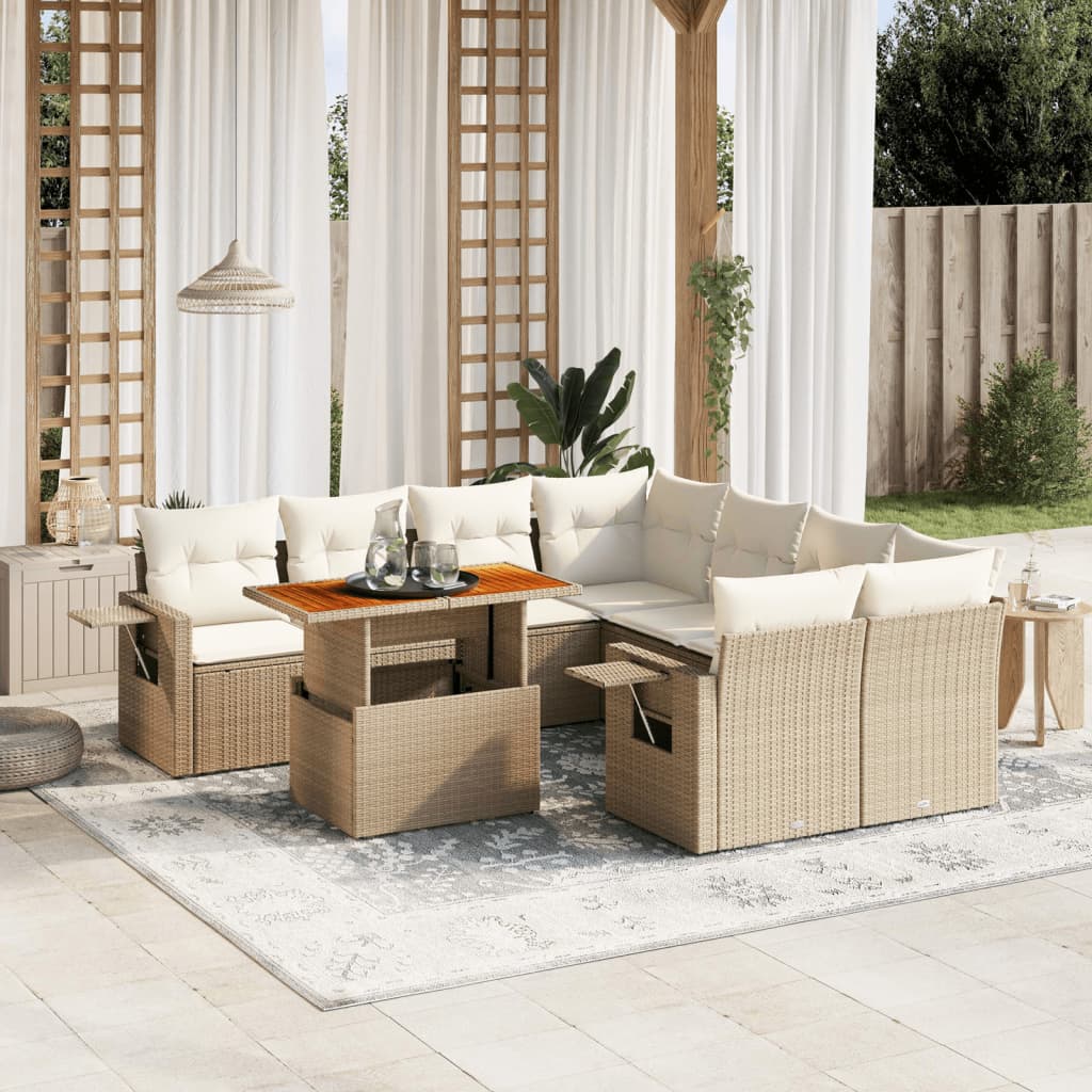 vidaXL 9-tlg. Garten-Sofagarnitur mit Kissen Beige Poly Rattan