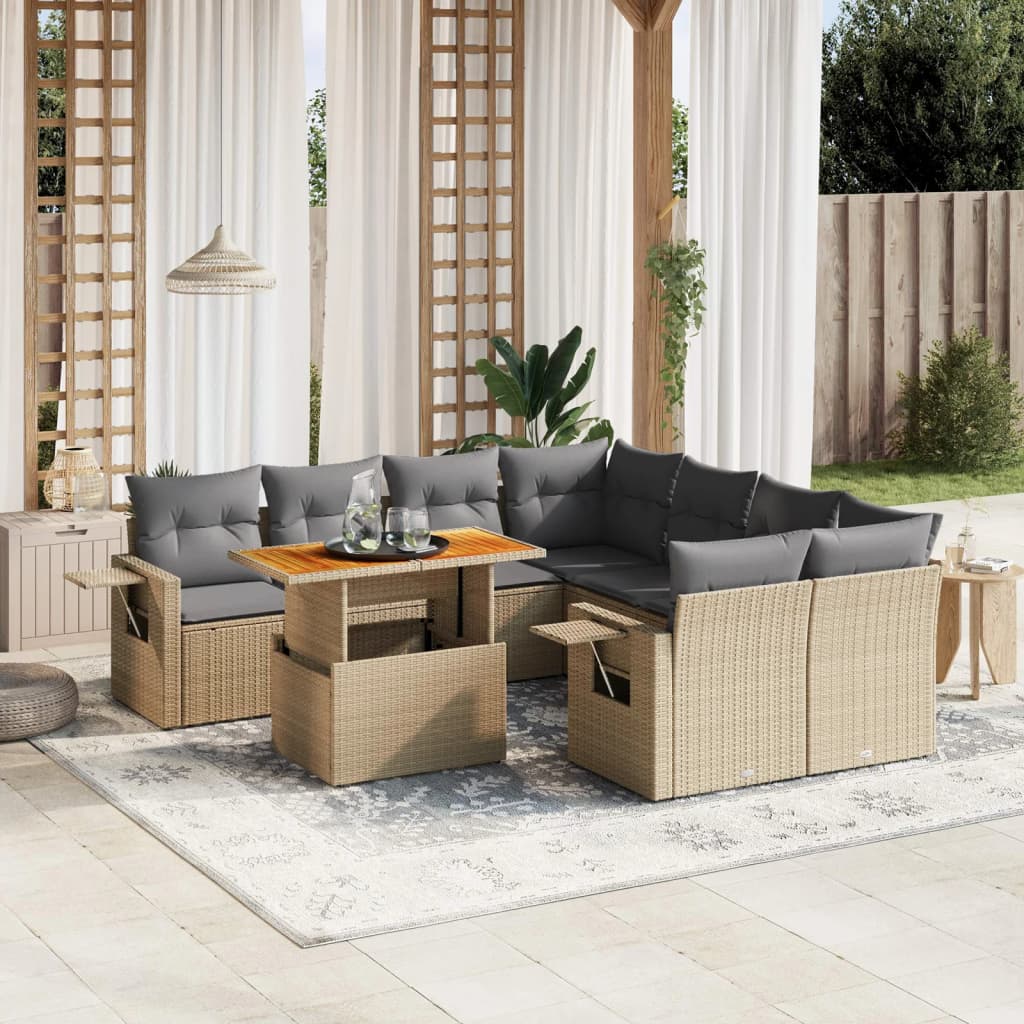 vidaXL 9-tlg. Garten-Sofagarnitur mit Kissen Beige Poly Rattan