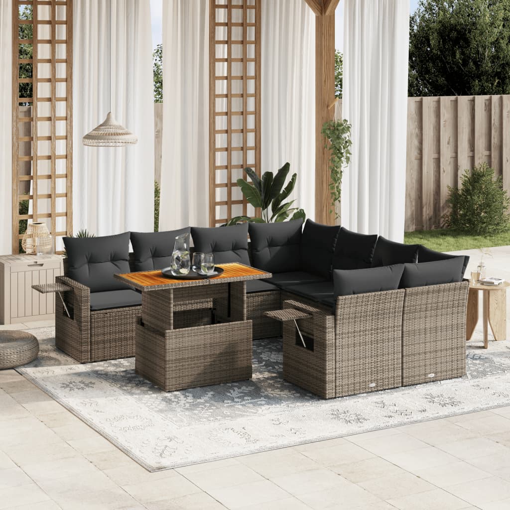 vidaXL 9-tlg. Garten-Sofagarnitur mit Kissen Grau Poly Rattan