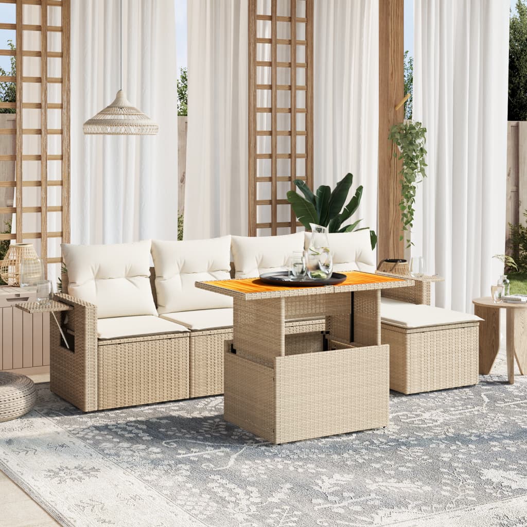 vidaXL 6-tlg. Garten-Sofagarnitur mit Kissen Beige Poly Rattan