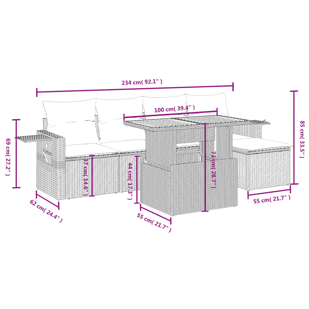 Set mobilier grădină cu perne, 6 piese, gri, poliratan 3271732 - imagine 3