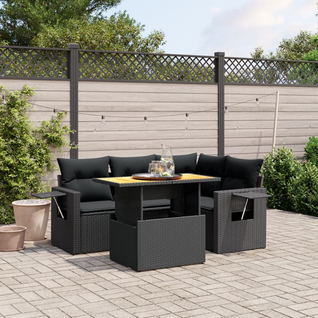 vidaXL 5-tlg. Garten-Sofagarnitur mit Kissen Schwarz Poly Rattan