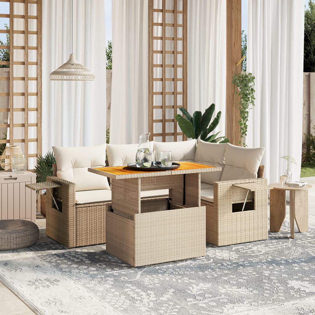 vidaXL 5-tlg. Garten-Sofagarnitur mit Kissen Beige Poly Rattan