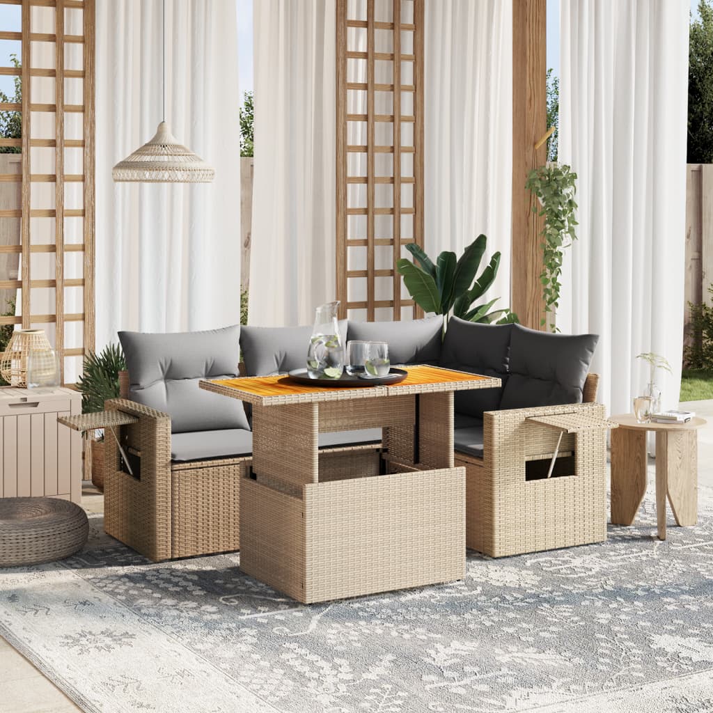 vidaXL 5-tlg. Garten-Sofagarnitur mit Kissen Beige Poly Rattan