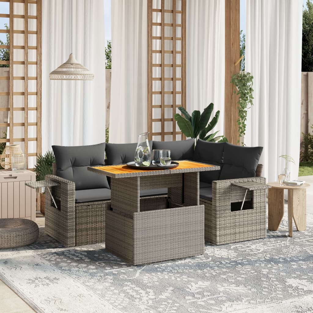 vidaXL 5-tlg. Garten-Sofagarnitur mit Kissen Grau Poly Rattan