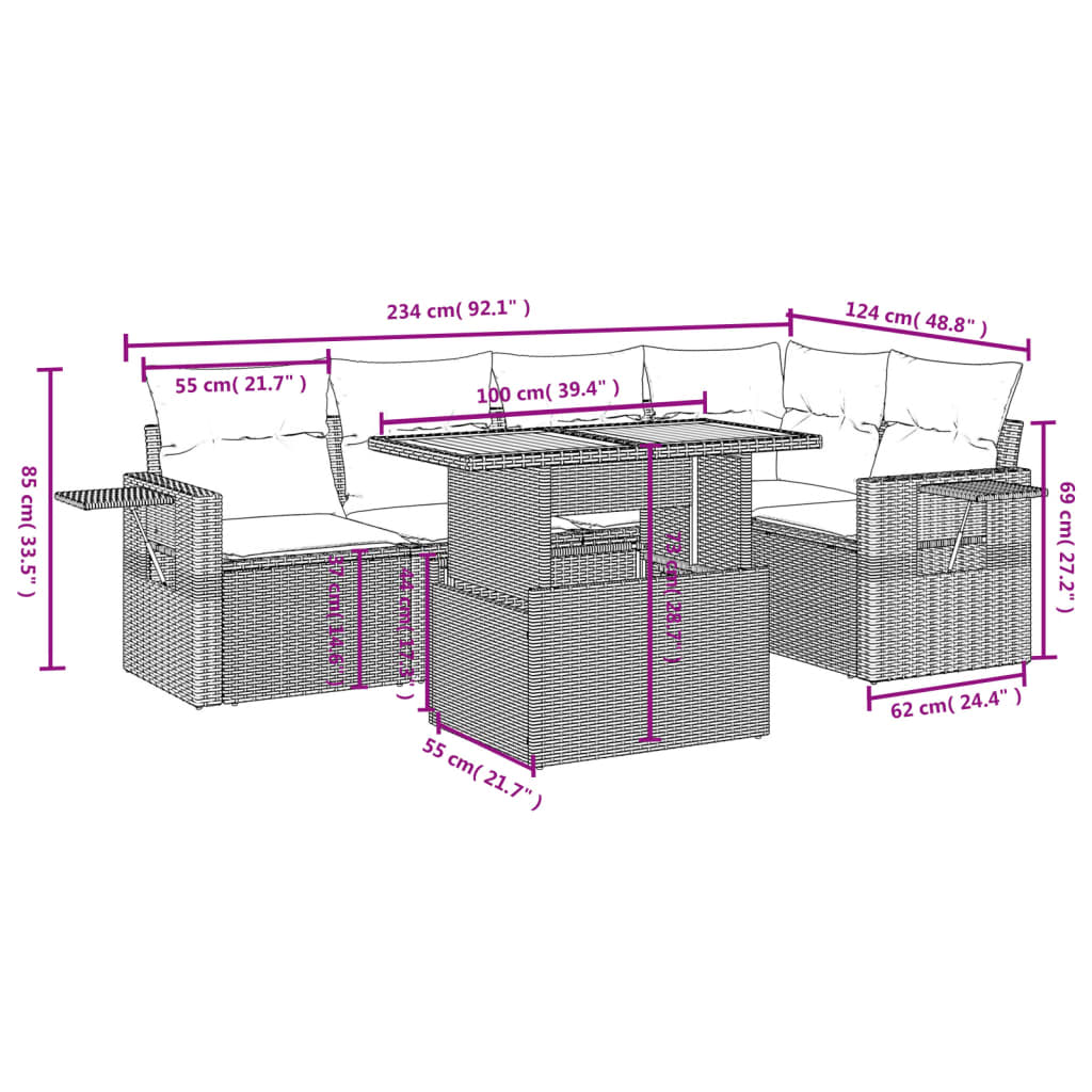 vidaXL 6-delige Loungeset met kussens poly rattan zwart afbeelding