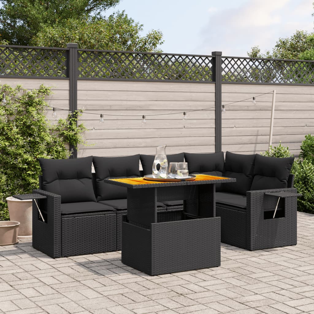 6-tlg. Garten-Sofagarnitur mit Kissen Schwarz Poly Rattan