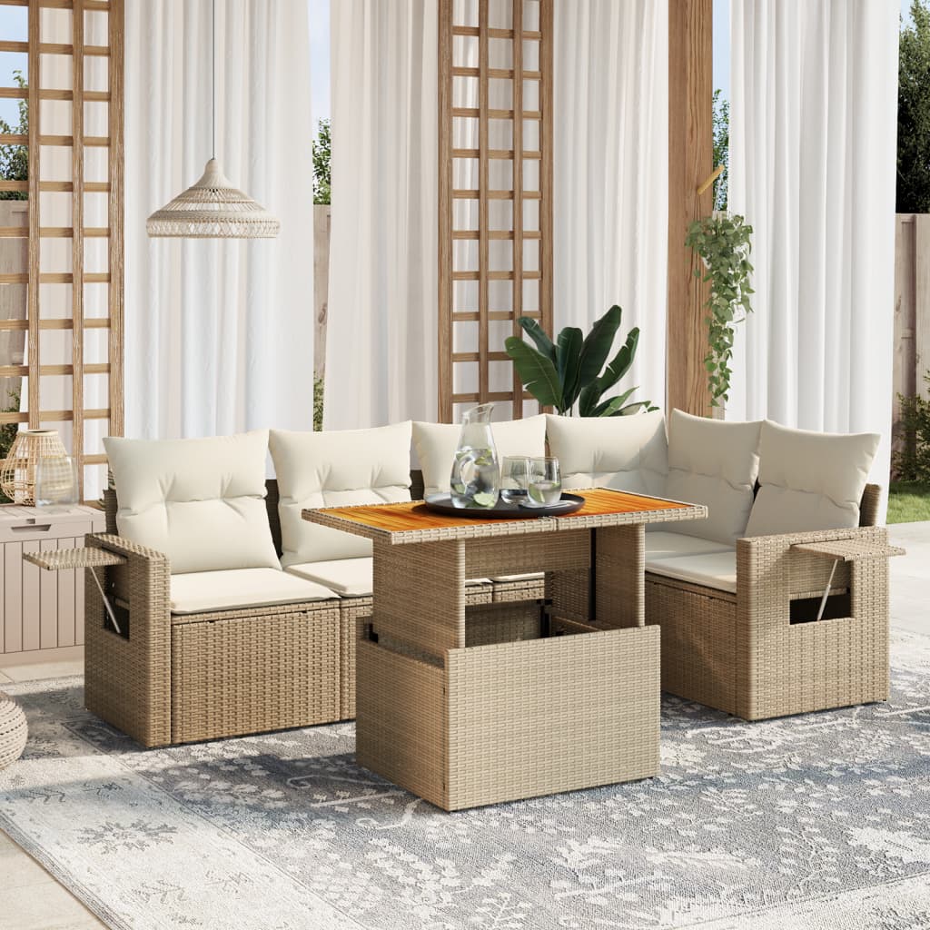 vidaXL 6-tlg. Garten-Sofagarnitur mit Kissen Beige Poly Rattan