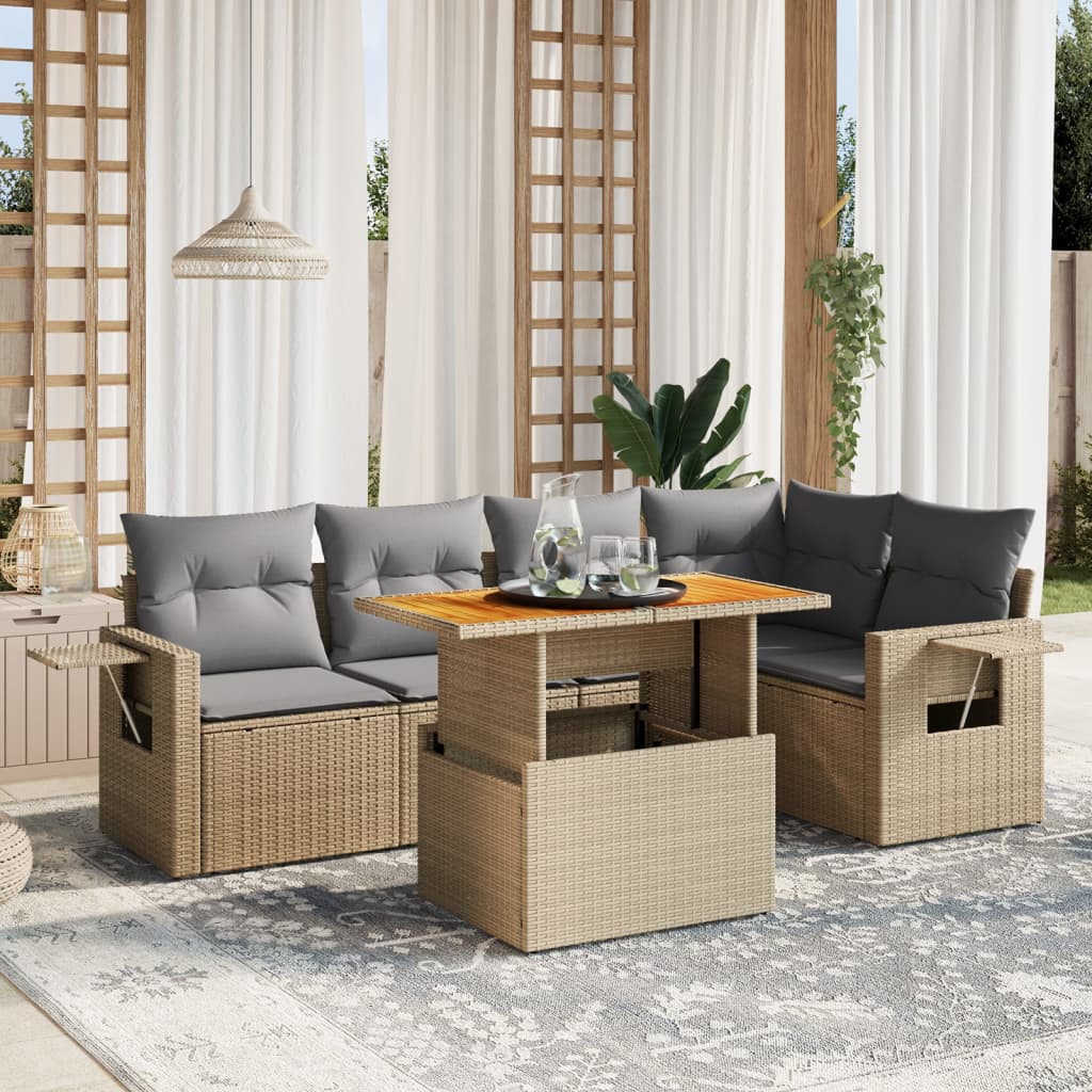 vidaXL 6-tlg. Garten-Sofagarnitur mit Kissen Beige Poly Rattan