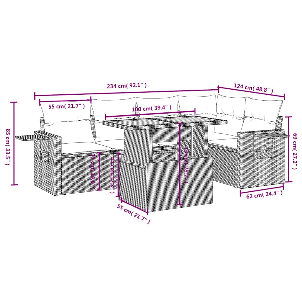 Set mobilier grădină cu perne, 6 piese, gri, poliratan 3271746 - imagine 3
