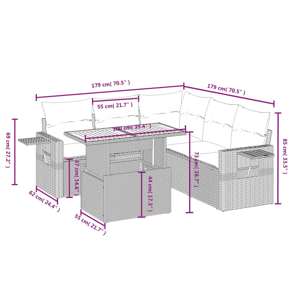 vidaXL 6-delige Loungeset met kussens poly rattan beige afbeelding