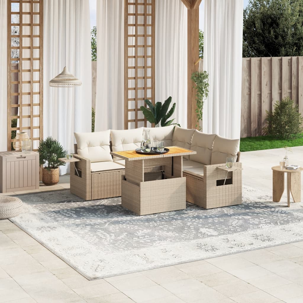 vidaXL 6-tlg. Garten-Sofagarnitur mit Kissen Beige Poly Rattan