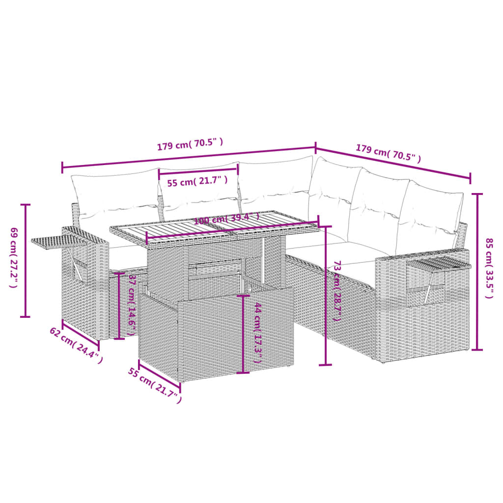 vidaXL 6-delige Loungeset met kussens poly rattan beige afbeelding