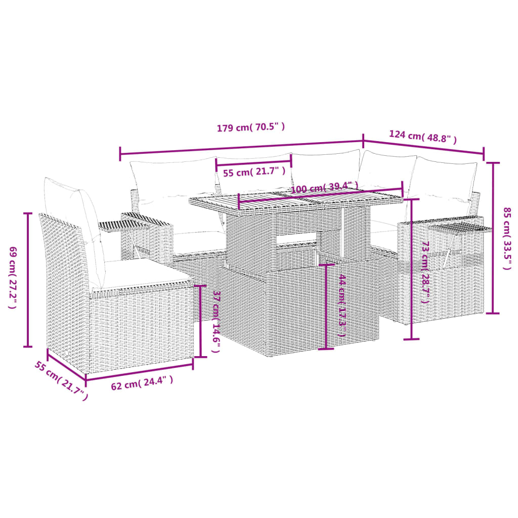Set mobilier de grădină cu perne, 6 piese, negru, poliratan 3271755 - imagine 3