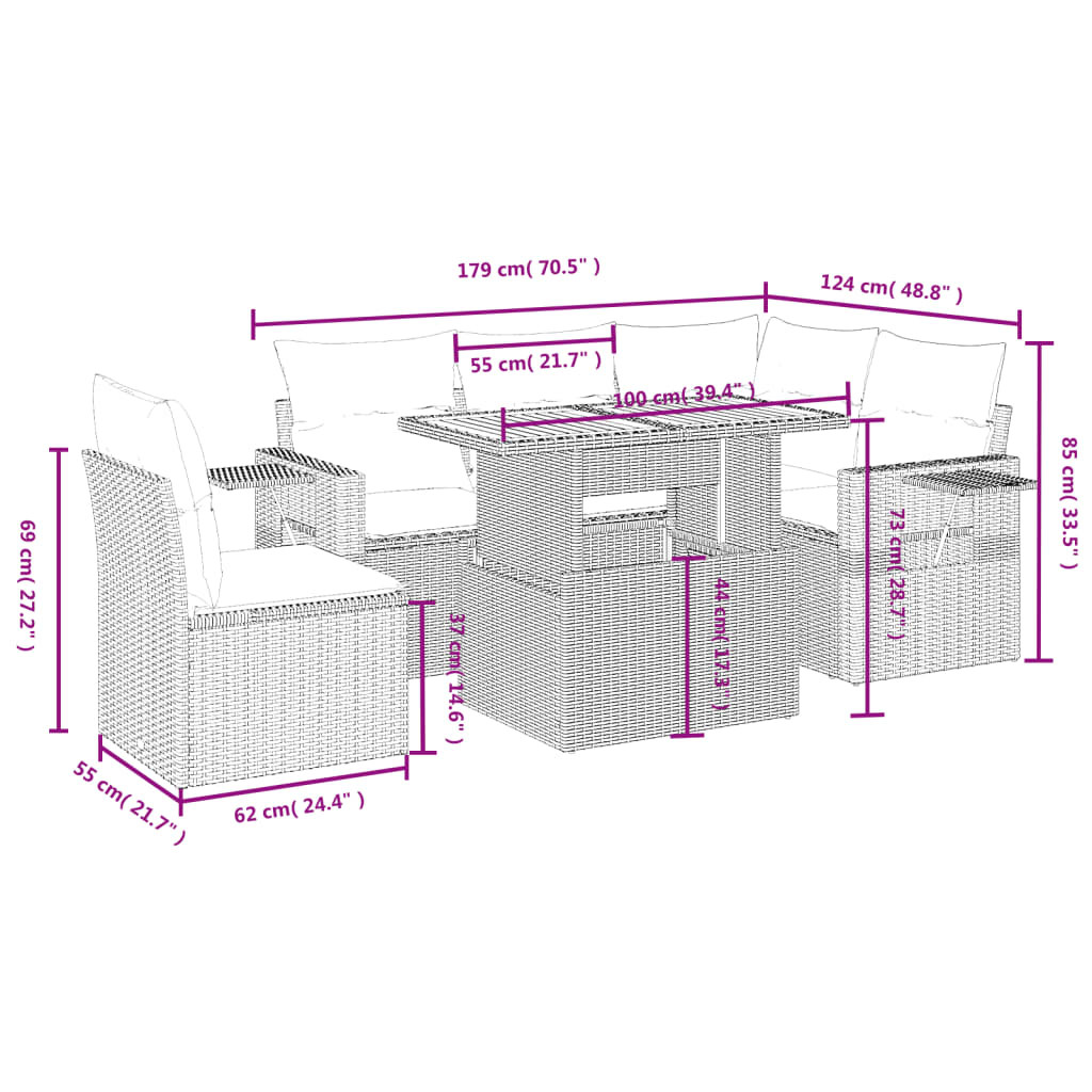 Set mobilier de grădină cu perne, 6 piese, negru, poliratan 3271756 - imagine 3