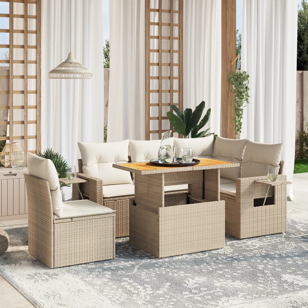 vidaXL 6-tlg. Garten-Sofagarnitur mit Kissen Beige Poly Rattan