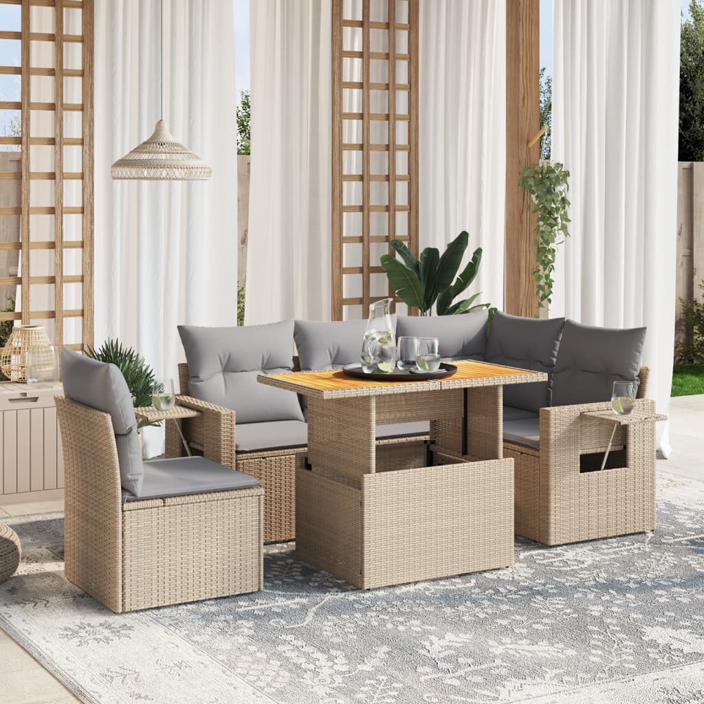 vidaXL 6-tlg. Garten-Sofagarnitur mit Kissen Beige Poly Rattan