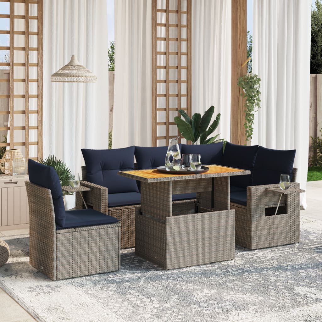 Set de muebles de jardín 6 pzas y cojines ratán sintético gris