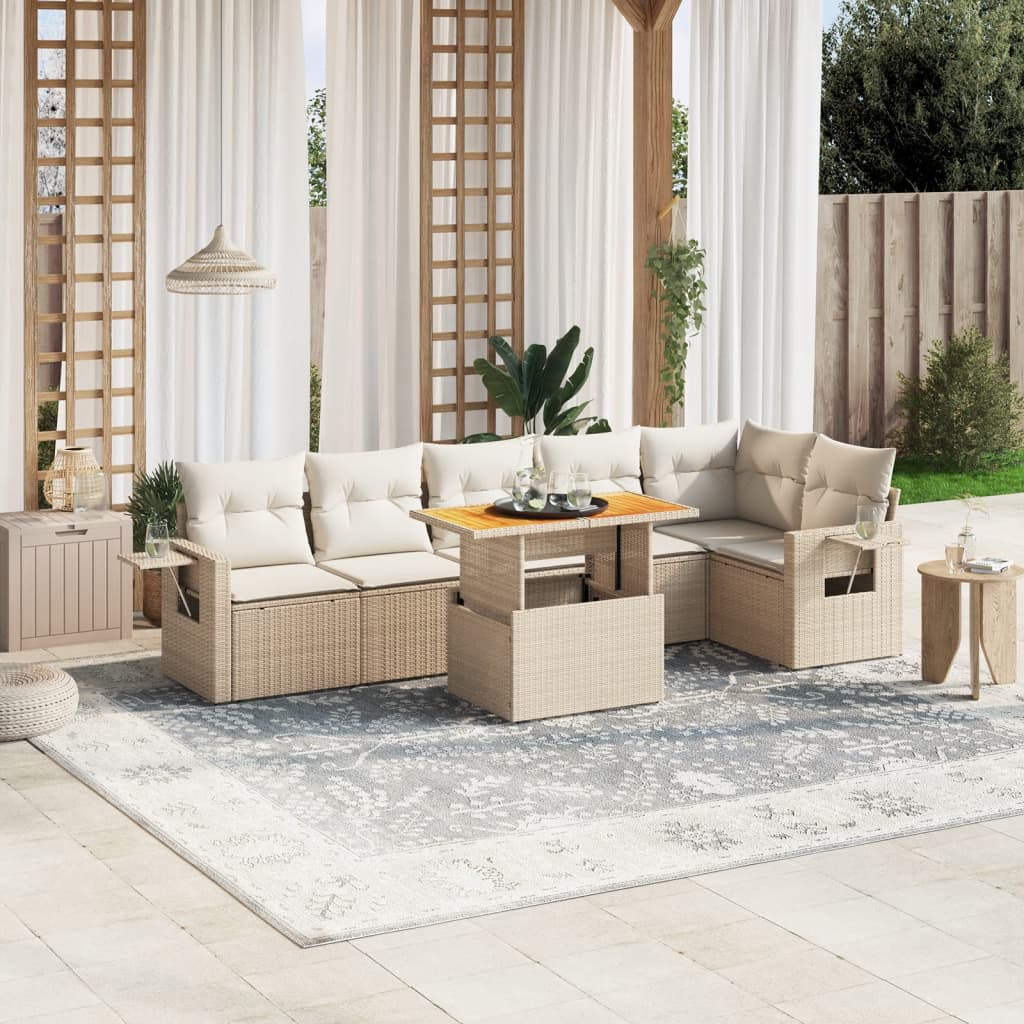 vidaXL 7-tlg. Garten-Sofagarnitur mit Kissen Beige Poly Rattan