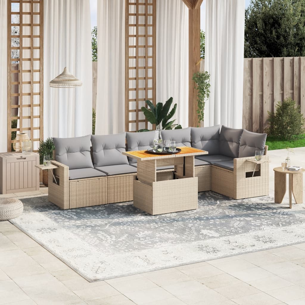 vidaXL 7-tlg. Garten-Sofagarnitur mit Kissen Beige Poly Rattan