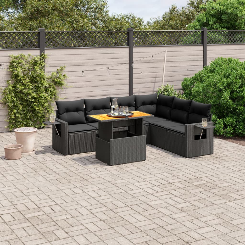 7-tlg. Garten-Sofagarnitur mit Kissen Schwarz Poly Rattan